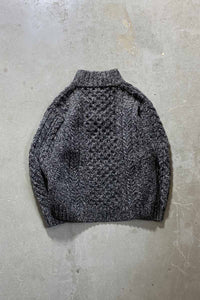 MADE IN IRELAND 90'S HENRY NECK MELANGE WOOL FISHERMAN KNIT SWEATER / CHARCOAL [SIZE: M USED]