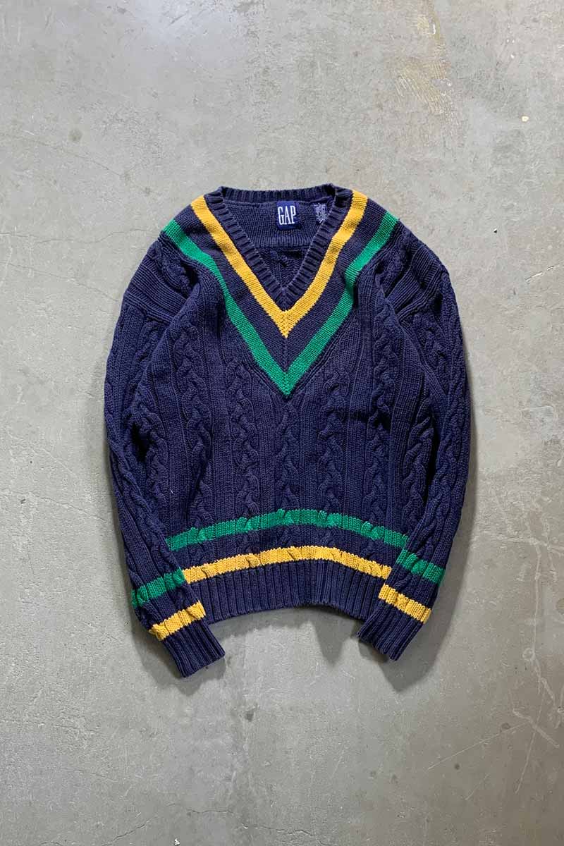 90'S V-NECK TILDEN COTTON KNIT SWEATER / NAVY [SIZE: M USED]