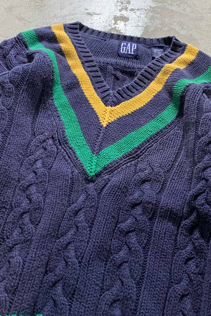 90'S V-NECK TILDEN COTTON KNIT SWEATER / NAVY [SIZE: M USED]