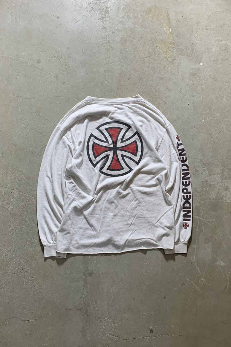 90'S L/S INDEPENDENT LOGO BACK PRINT T-SHIRT / WHITE [SIZE: M USED]