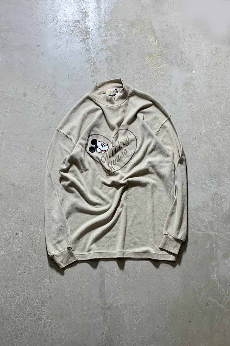 90'S L/S EMBROIDERY MOCK NECK T-SHIRT / BEIGE [SIZE: XL USED]