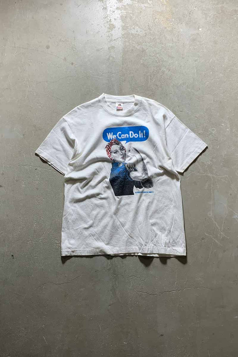 MADE IN USA 90'S S/S WE CAN DO IT PRINT MESSAGE T-SHIRT / WHITE [SIZE: XL USED]