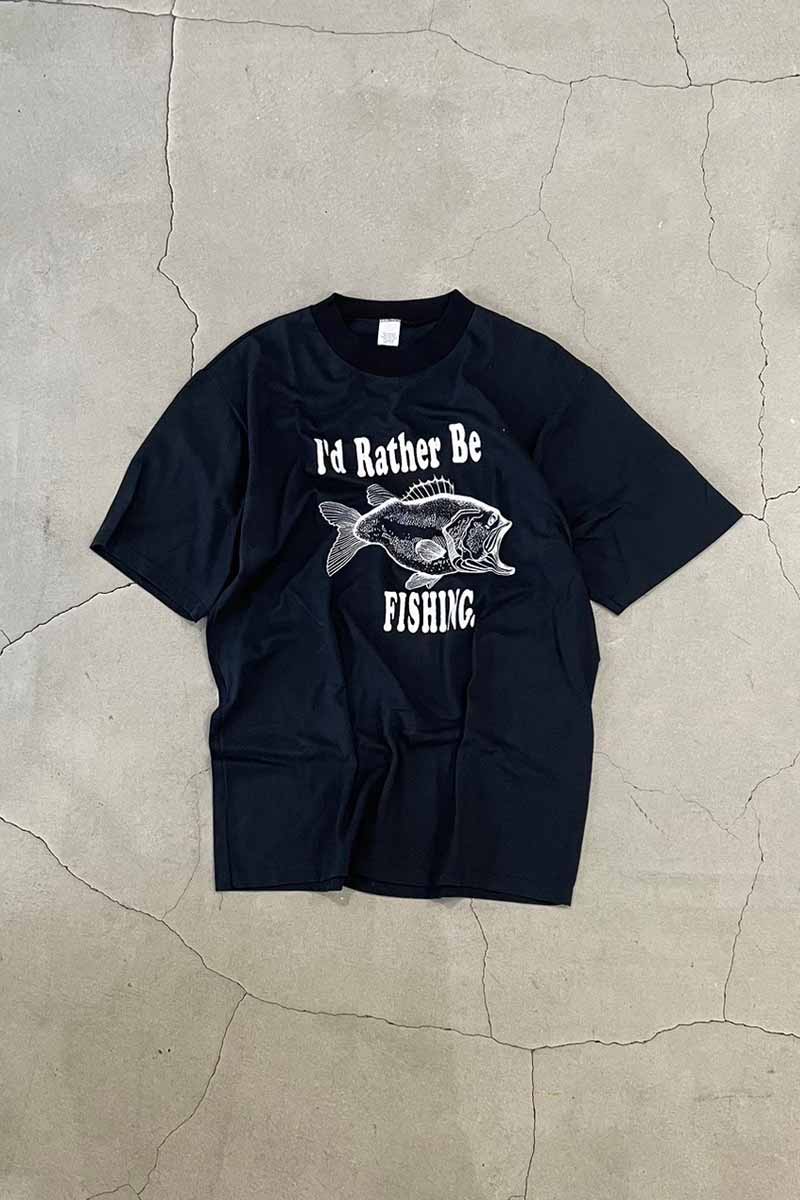 MADE IN USA 90'S S/S I'D RATHER BE FISHING PRINT MESSAGE T-SHIRT / BLACK [SIZE: L DEADSTOCK/NOS]