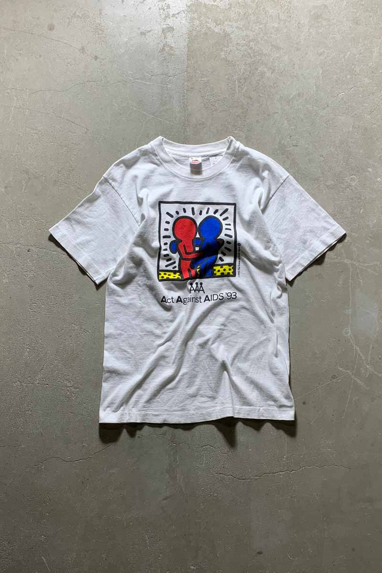MADE IN USA 93'S S/S KEITH HARING ACT AGAINST AIDS PRINT T-SHIRT / WHITE [SIZE: M USED]