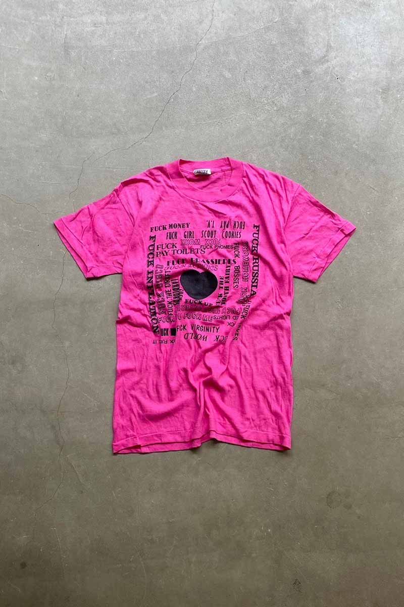 MADE IN PAKISTAN 90'S FUCK PRINT MESSAGE T-SHIRT / PINK [SIZE: M USED]
