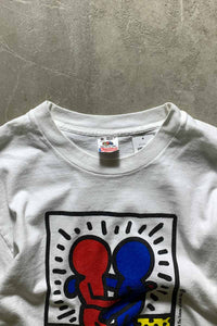 MADE IN USA 93'S S/S KEITH HARING ACT AGAINST AIDS PRINT T-SHIRT / WHITE [SIZE: M USED]
