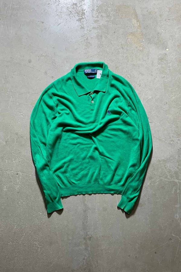 90'S L/S PIMA COTTON KNIT POLO SHIRT / GREEN [SIZE: XL USED]