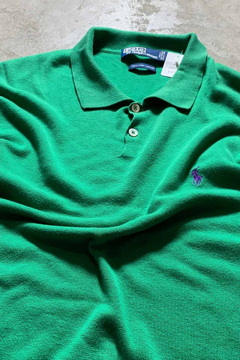90'S L/S PIMA COTTON KNIT POLO SHIRT / GREEN [SIZE: XL USED]