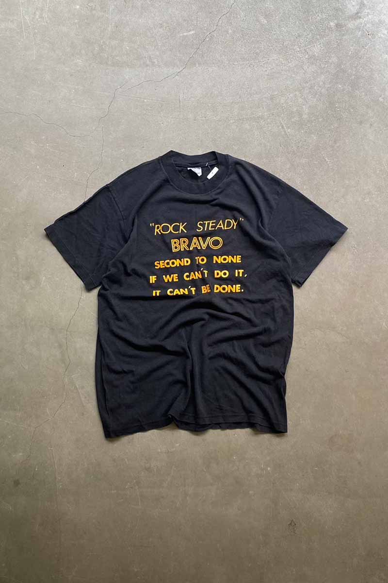 MADE IN USA 90'S ROCK STEADY PRINT MESSAGE PRINT T-SHIRT / BLACK [SIZE: L USED]