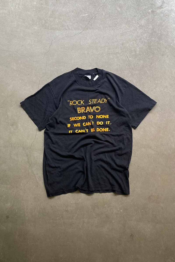 MADE IN USA 90'S ROCK STEADY PRINT MESSAGE PRINT T-SHIRT / BLACK [SIZE: L USED]