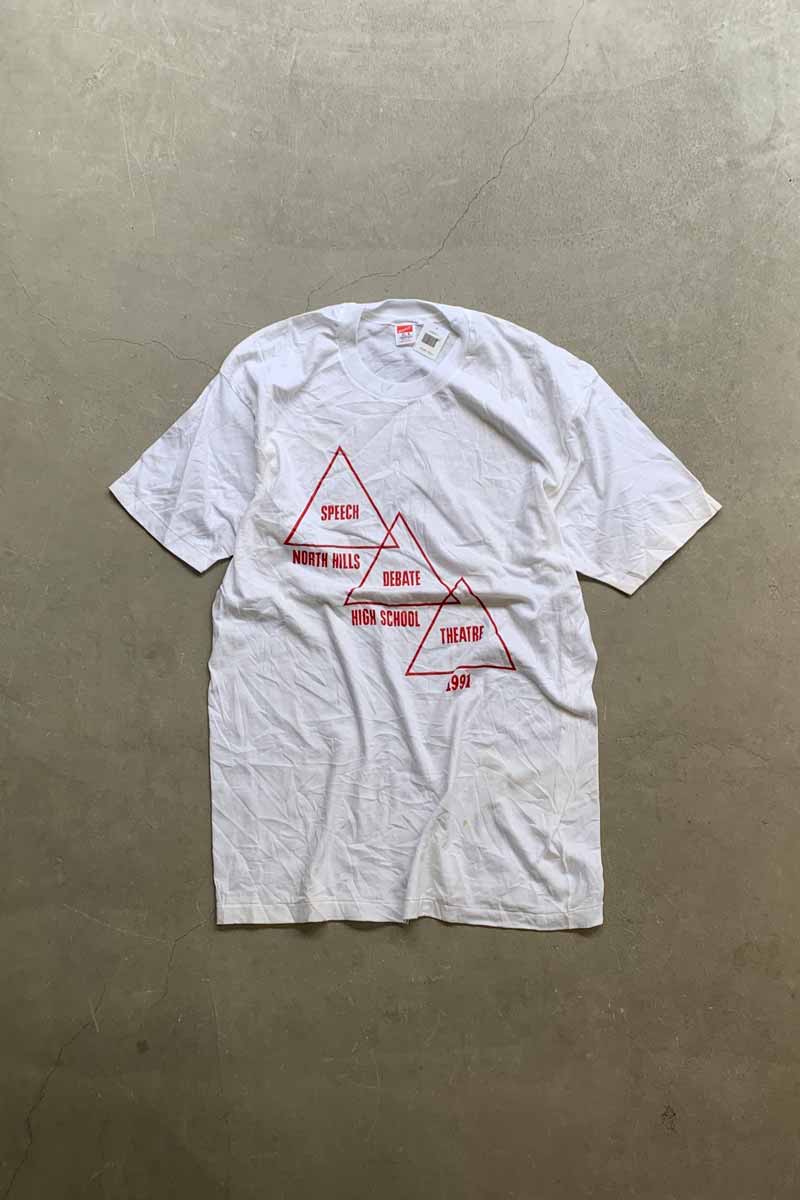 MADE IN USA 90'S S/S THREE TRIANGLE PRINT MESSAGE PRINT T-SHIRT / WHITE [SIZE: XL DEADSTOCK/NOS]