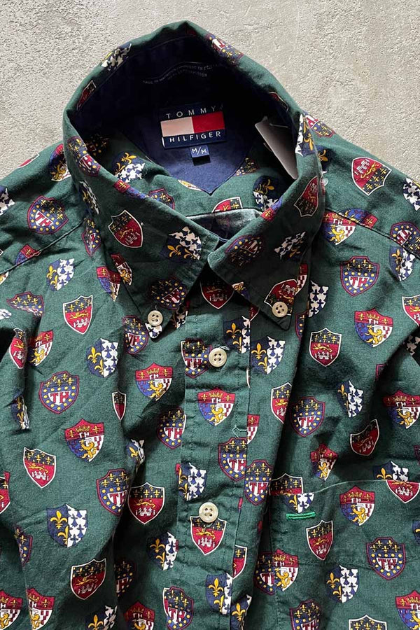 90'S L/S EMBLEM PATTERN SHIRT / GREEN [SIZE:M USED]
