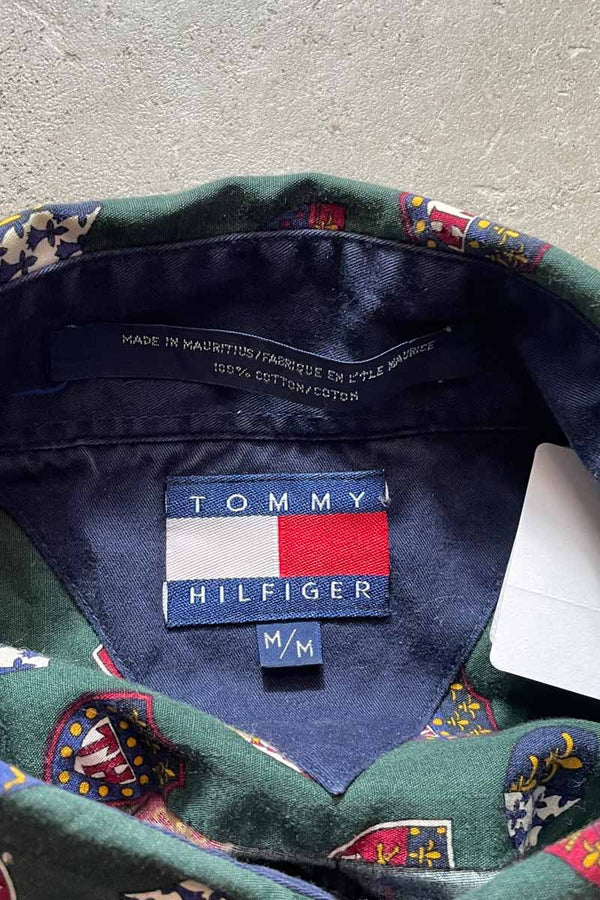 90'S L/S EMBLEM PATTERN SHIRT / GREEN [SIZE:M USED]