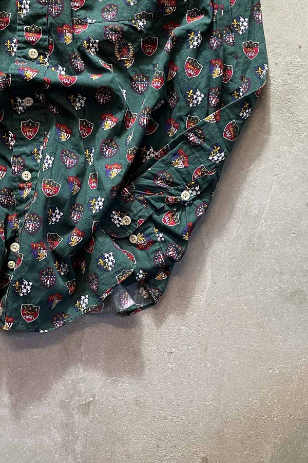 90'S L/S EMBLEM PATTERN SHIRT / GREEN [SIZE:M USED]