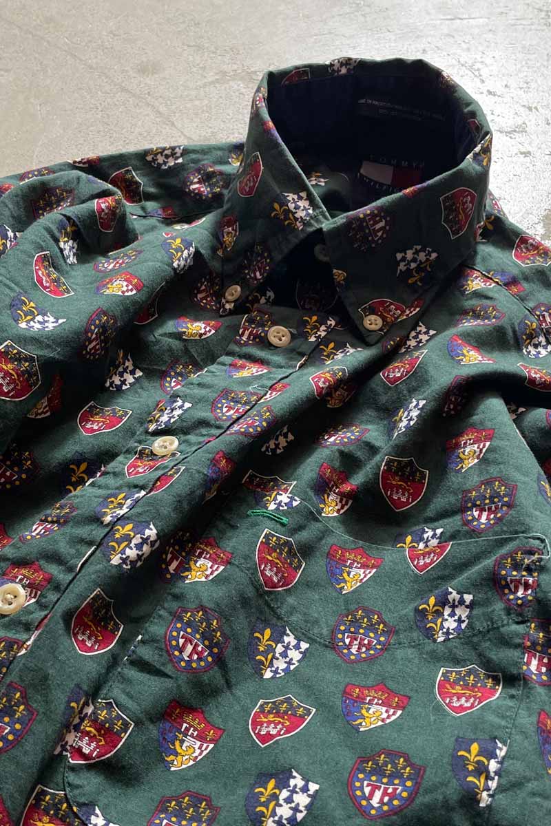 90'S L/S EMBLEM PATTERN SHIRT / GREEN [SIZE:M USED]