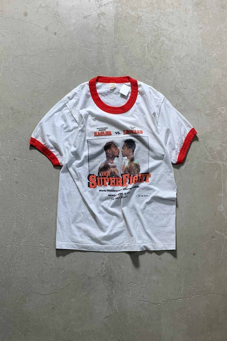 MADE IN USA 80'S S/S THE SUPER FIGHT PRINT RINGER T-SHIRT / WHITE / RED [SIZE: L USED]