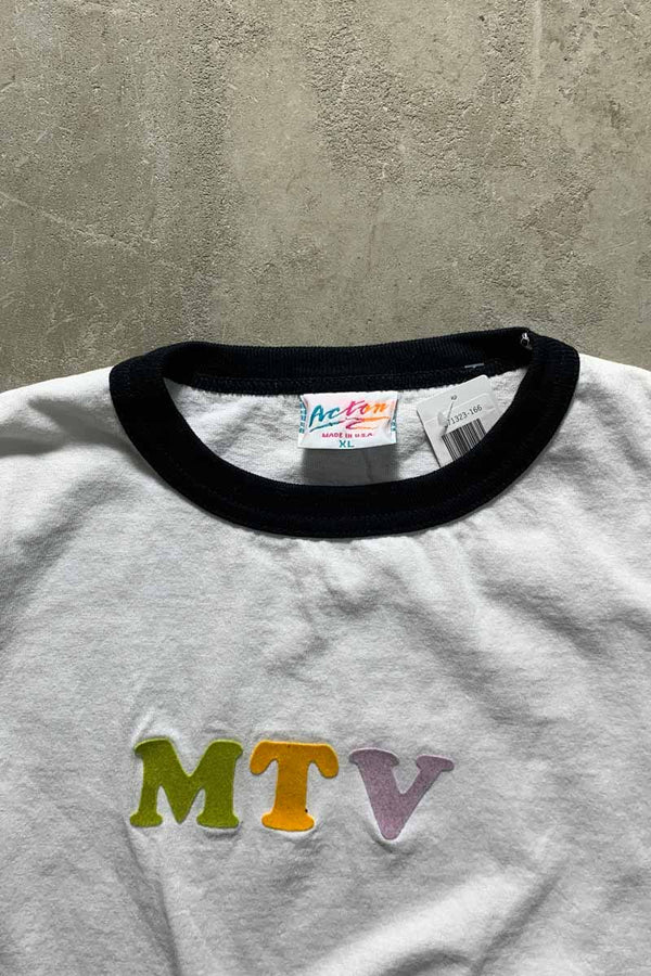 MADE IN USA 95'S S/S MTV RINGER T-SHIRT / WHITE / BLACK [SIZE: XL USED]