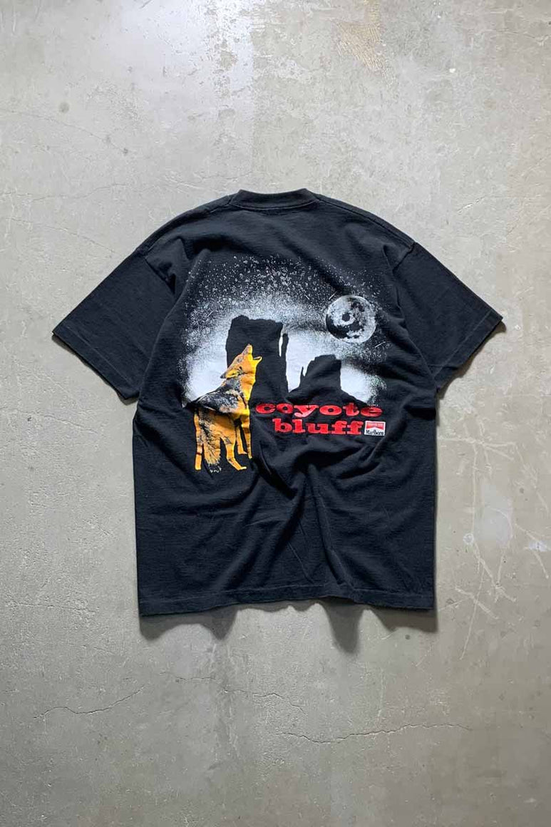 MADE IN USA 90'S S/S MARLBORO COYOTE BLUFF BACK PRINT ADVERTISING T-SHIRT / BLACK [SIZE: XL USED]