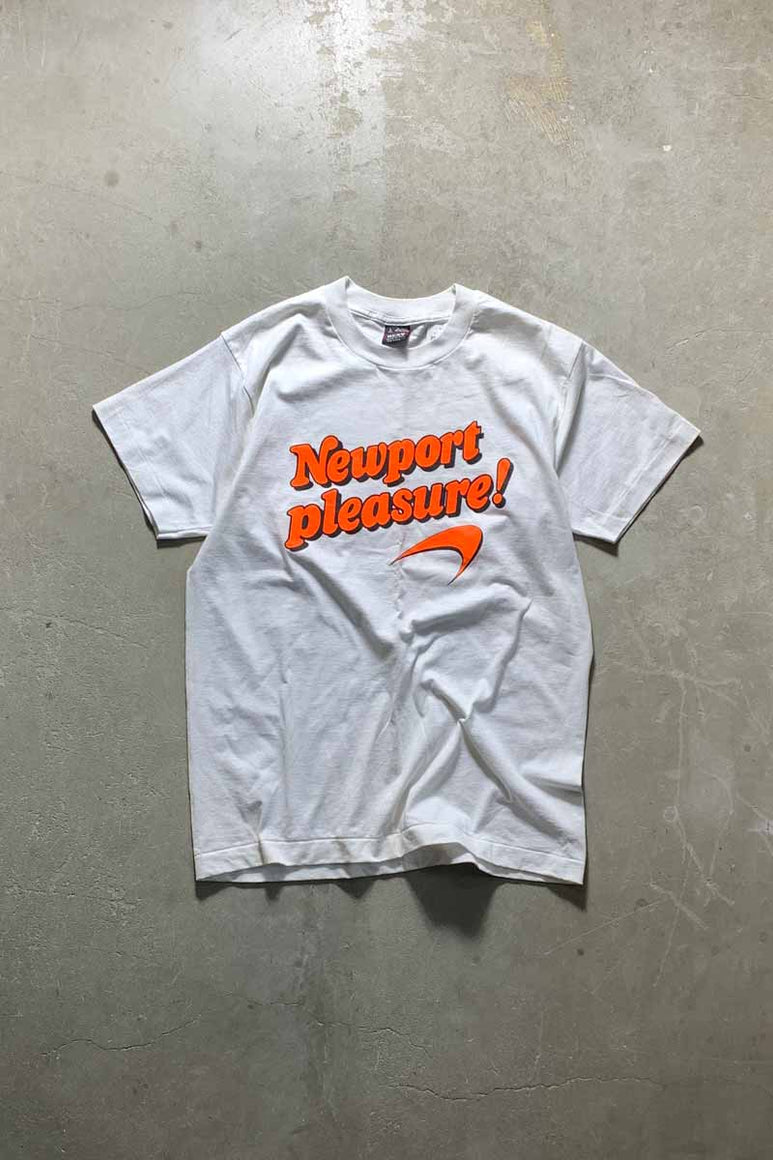 MADE IN USA 90'S S/S NEW PORT PRINT ADVERTISING T-SHIRT / WHITE [SIZE: L DEADSTOCK/NOS]