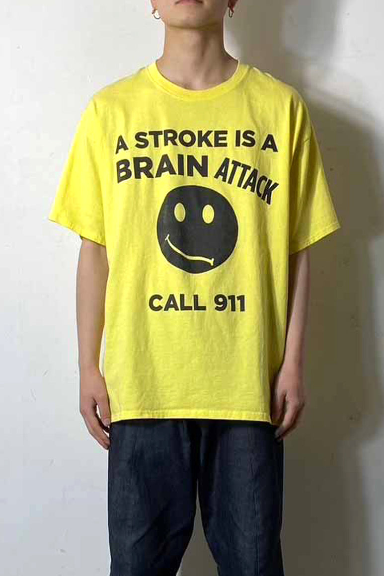 S/S BRAIN ATTACK PRINT MESSAGE T-SHIRT / YELLOW [SIZE: XL USED]