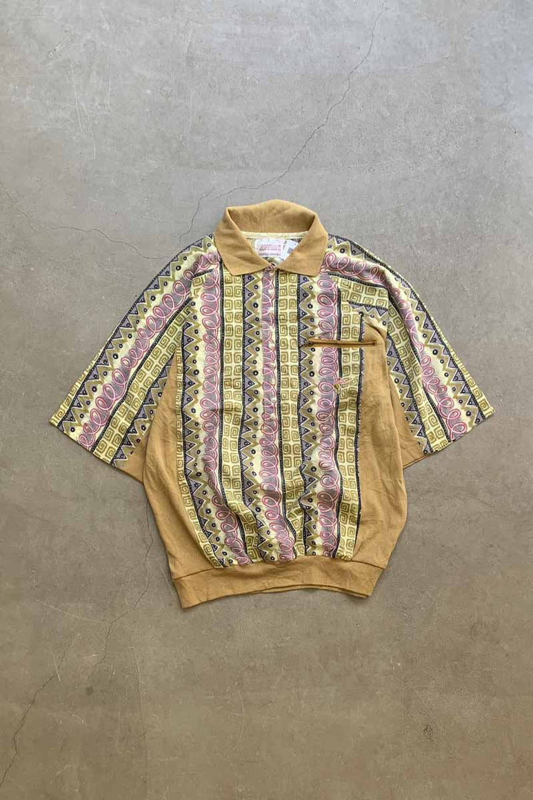 90'S S/S DESIGN KNIT SWITCHING POLO SHIRT / BEIGE [SIZE: M USED]