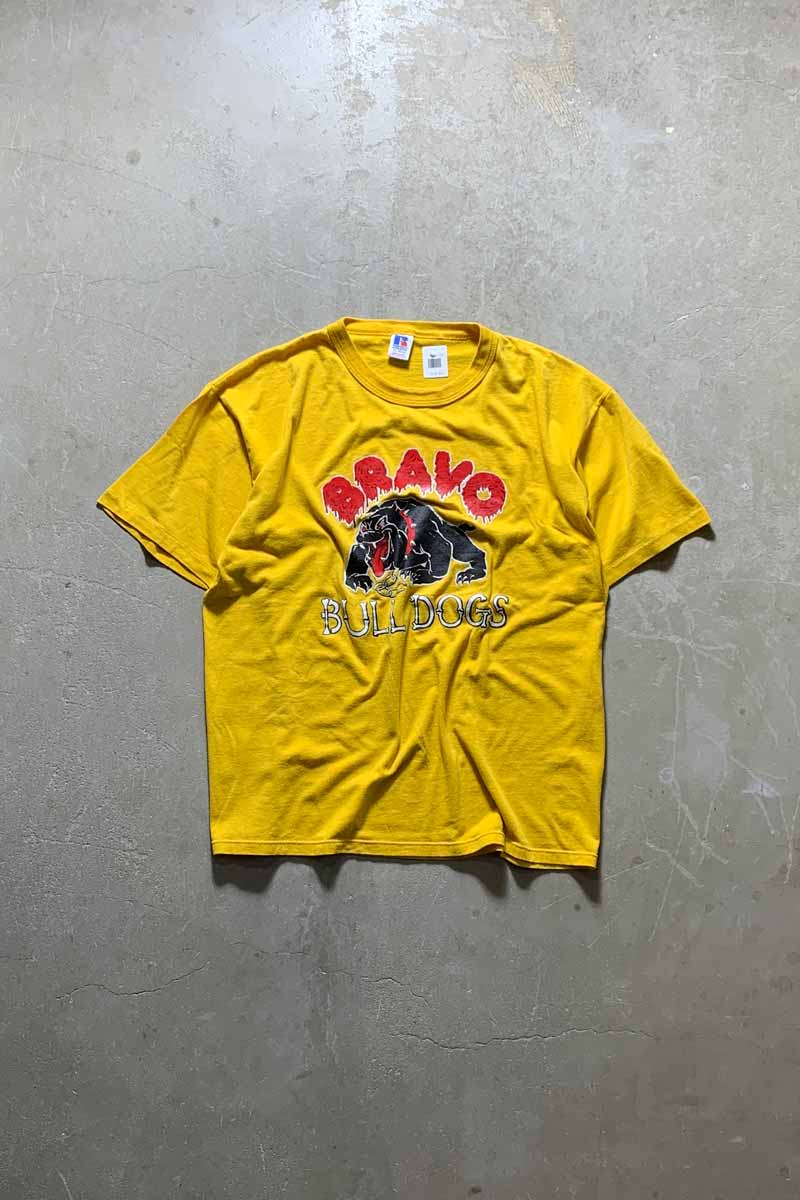 MADE IN USA 80'S S/S BULL DOGS PRINT ANIMAL T-SHIRT / YELLOW [SIZE: XL USED]