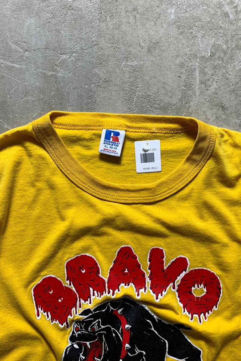 MADE IN USA 80'S S/S BULL DOGS PRINT ANIMAL T-SHIRT / YELLOW [SIZE: XL USED]