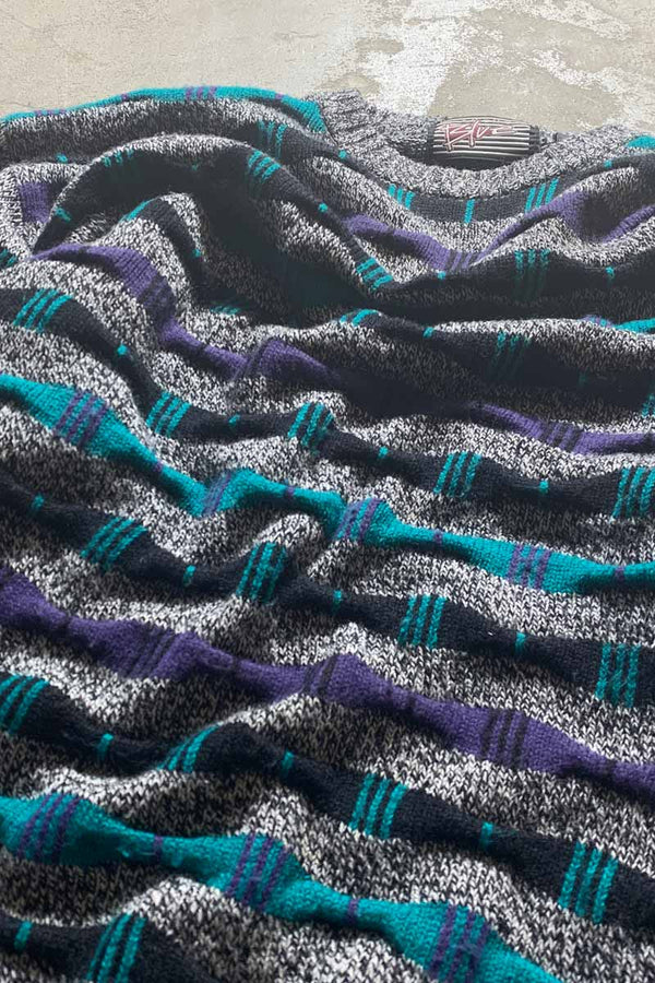 90'S 3D DESIGN ACRYLIC KNIT SWEATER / GRAY / MULTI [SIZE: S USED]