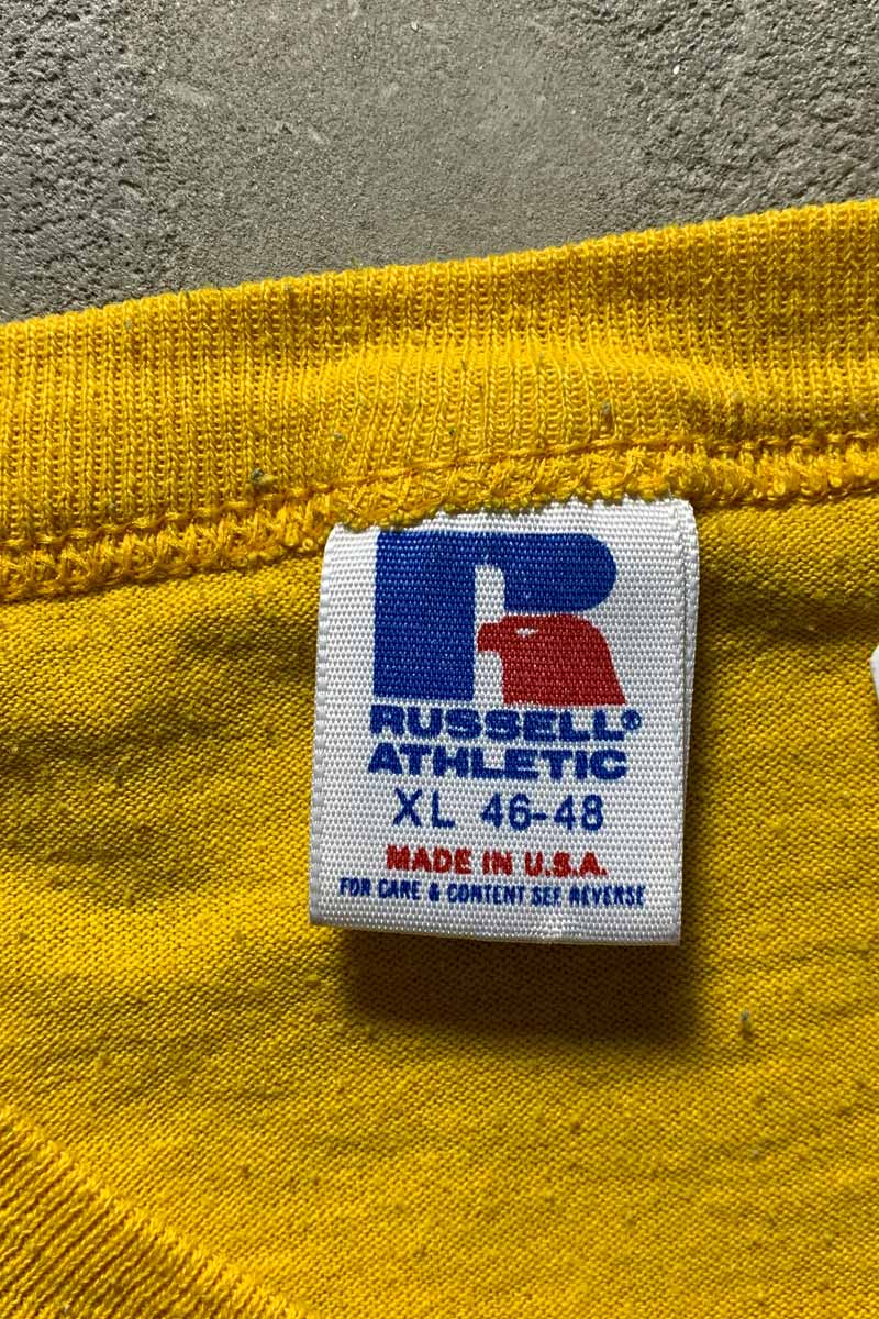MADE IN USA 80'S S/S BULL DOGS PRINT ANIMAL T-SHIRT / YELLOW [SIZE: XL USED]