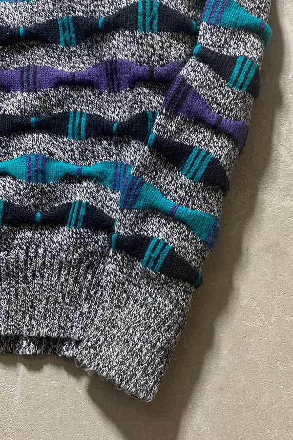 90'S 3D DESIGN ACRYLIC KNIT SWEATER / GRAY / MULTI [SIZE: S USED]