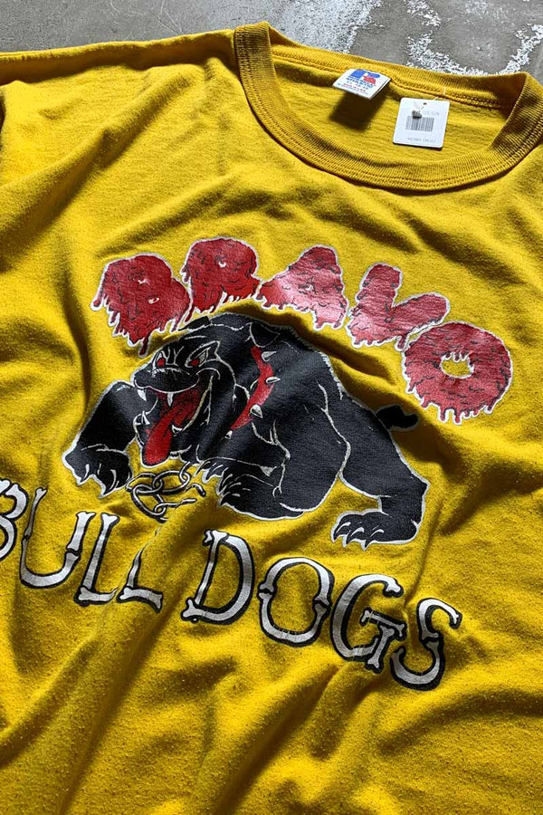 MADE IN USA 80'S S/S BULLDOGS PRINT ANIMAL T-SHIRT / YELLOW [SIZE: XL USED]