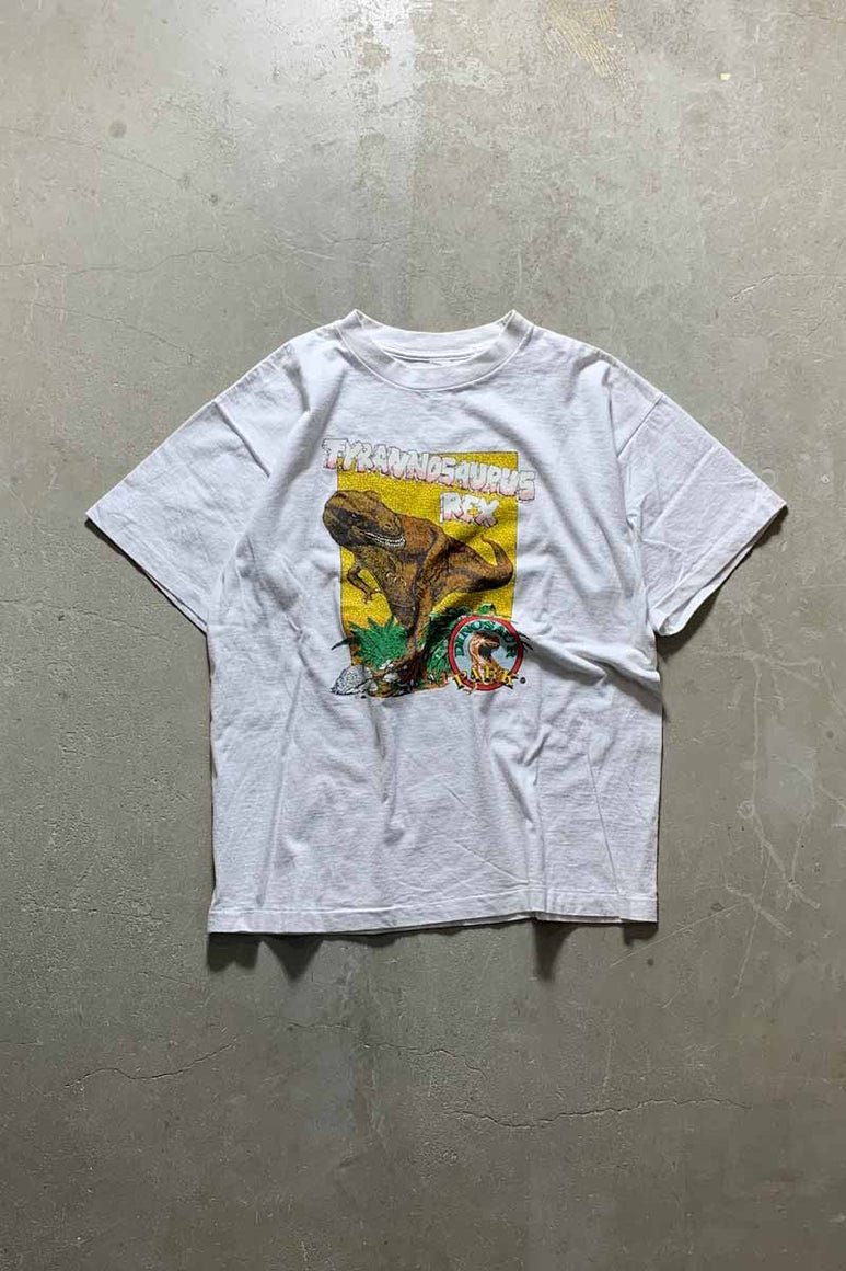 MADE IN USA 90'S S/S TYRANNOSAURUS REX PRINT ANIMAL T-SHIRT / WHITE [SIZE: L USED]