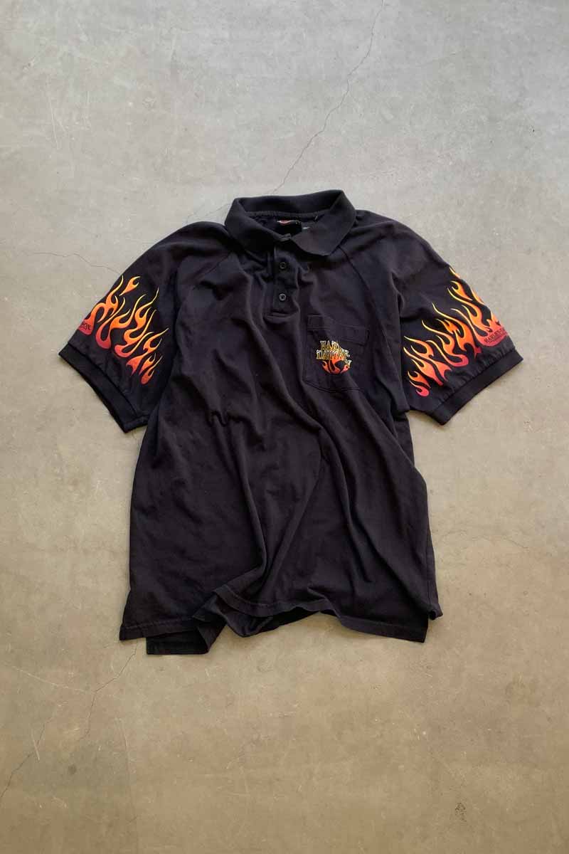 MADE IN USA 90'S FLAME DESIGN POLO SHIRT / BLACK [SIZE: XL USED]