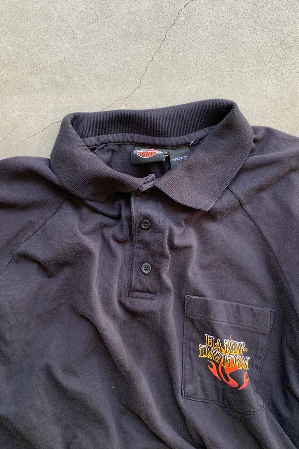 MADE IN USA 90'S FLAME DESIGN POLO SHIRT / BLACK [SIZE: XL USED]
