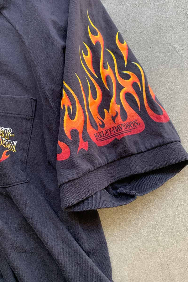 MADE IN USA 90'S FLAME DESIGN POLO SHIRT / BLACK [SIZE: XL USED]
