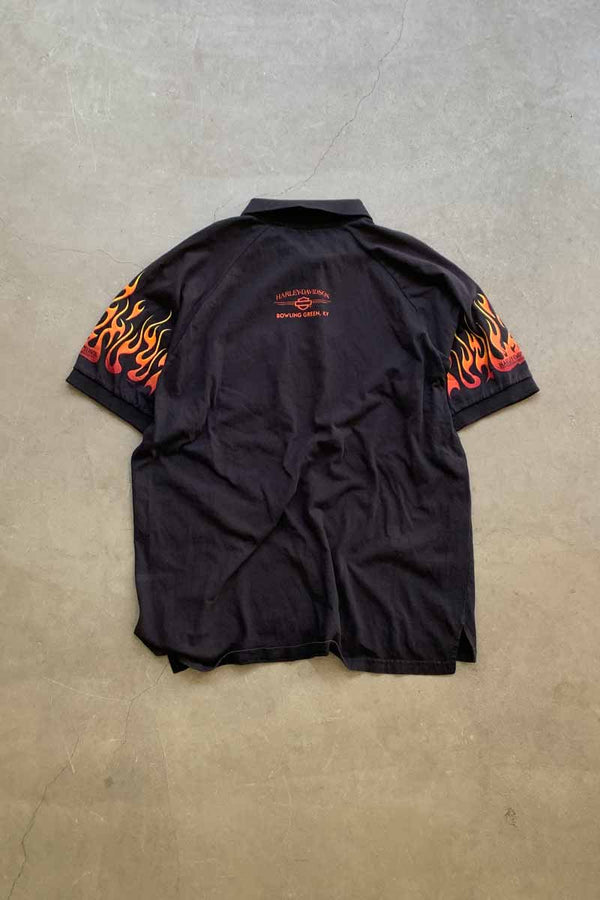 MADE IN USA 90'S FLAME DESIGN POLO SHIRT / BLACK [SIZE: XL USED]