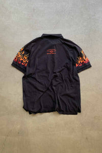 MADE IN USA 90'S FLAME DESIGN POLO SHIRT / BLACK [SIZE: XL USED]