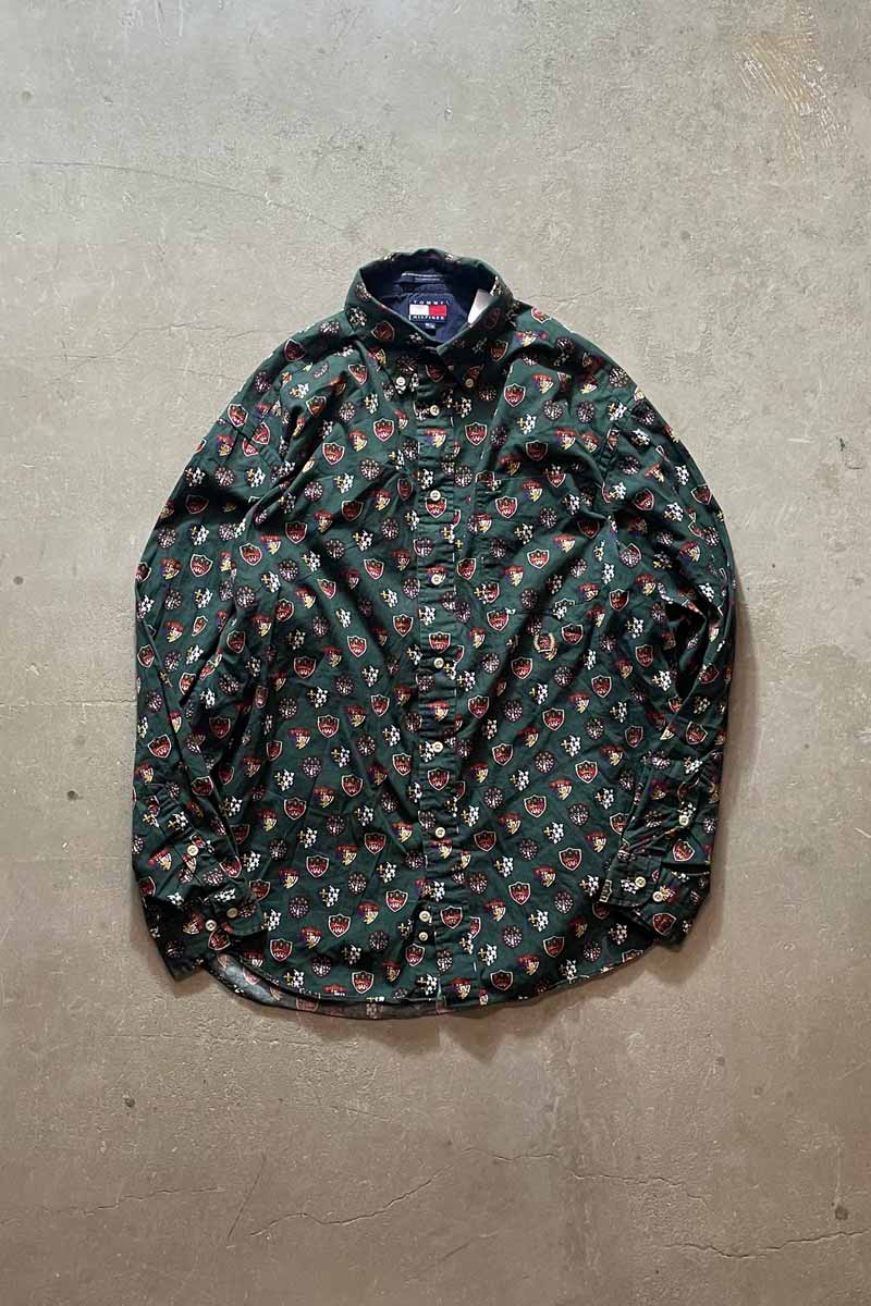 90'S L/S EMBLEM PATTERN SHIRT / GREEN [SIZE:M USED]