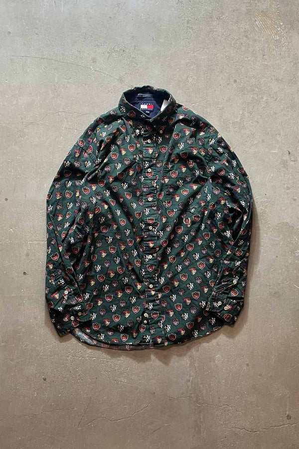 90'S L/S EMBLEM PATTERN SHIRT / GREEN [SIZE:M USED]