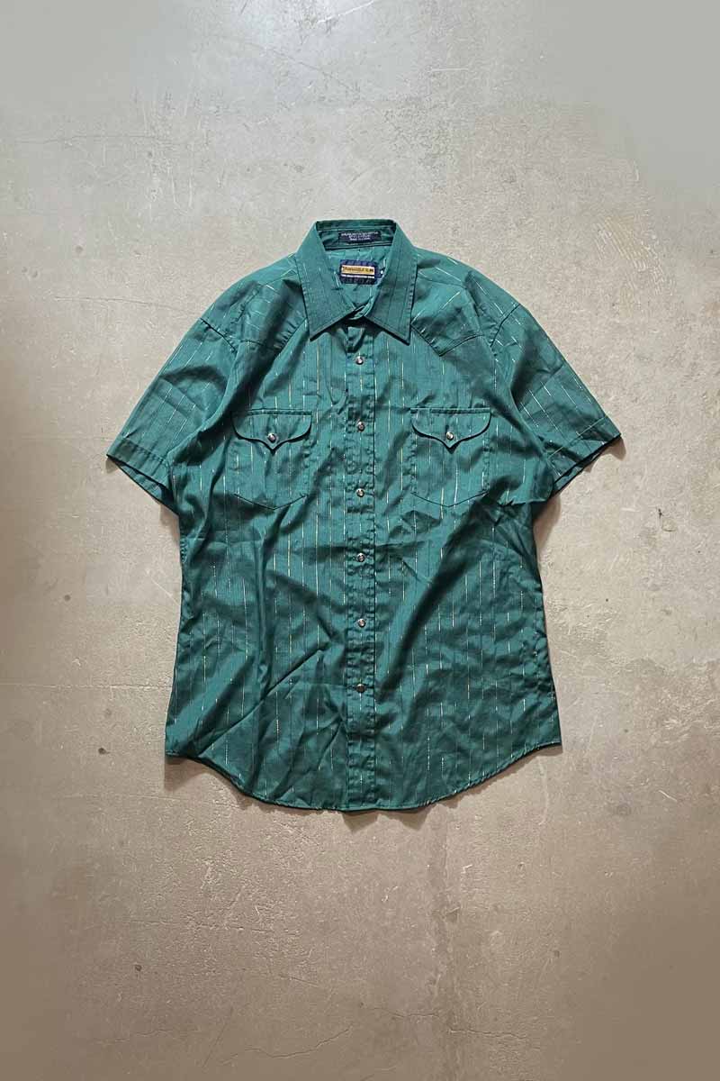 90'S S/S STRIPE WESTERN SHIRT / GREEN [SIZE:M equivalent USED]