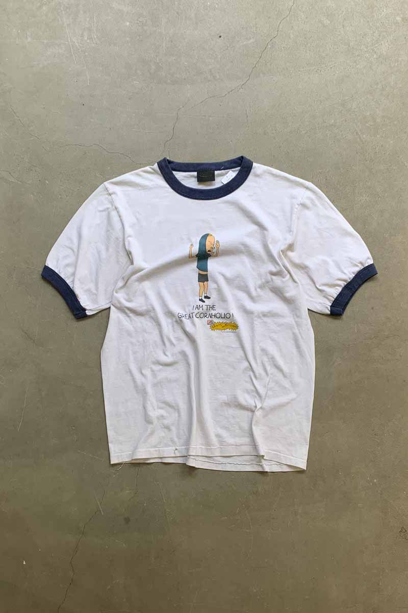 MADE IN USA 01'S MTV'S BEAVIS AND BUTT-HEAD PRINT MOVIE RINGER T-SHIRT / WHITE / NAVY [SIZE: L USED]