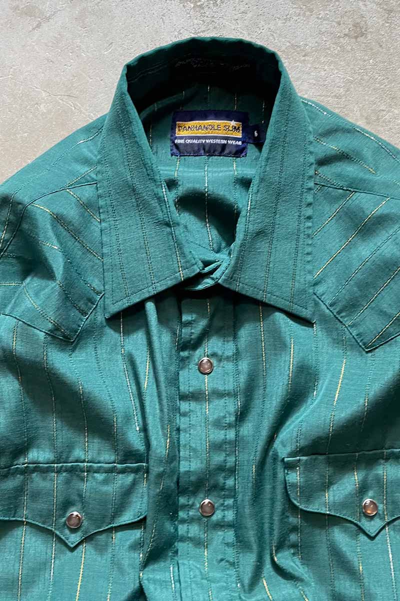 90'S S/S STRIPE WESTERN SHIRT / GREEN [SIZE:M equivalent USED]
