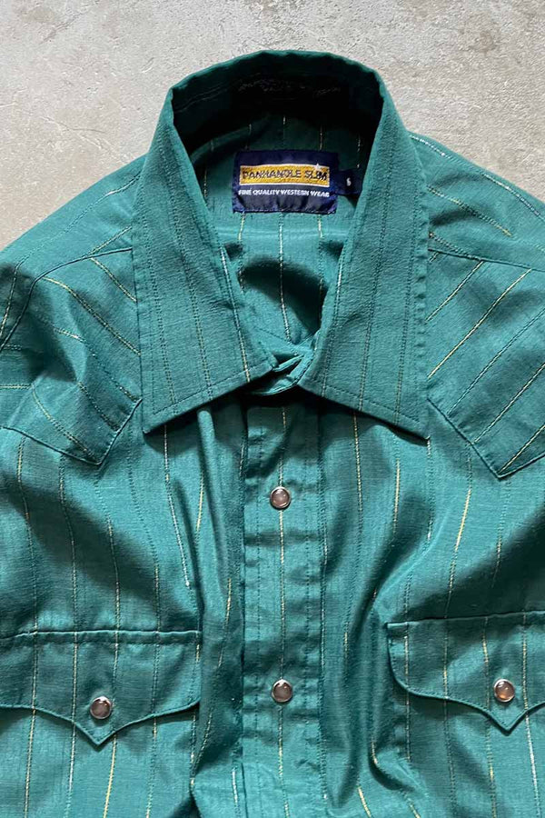 90'S S/S STRIPE WESTERN SHIRT / GREEN [SIZE:M equivalent USED]