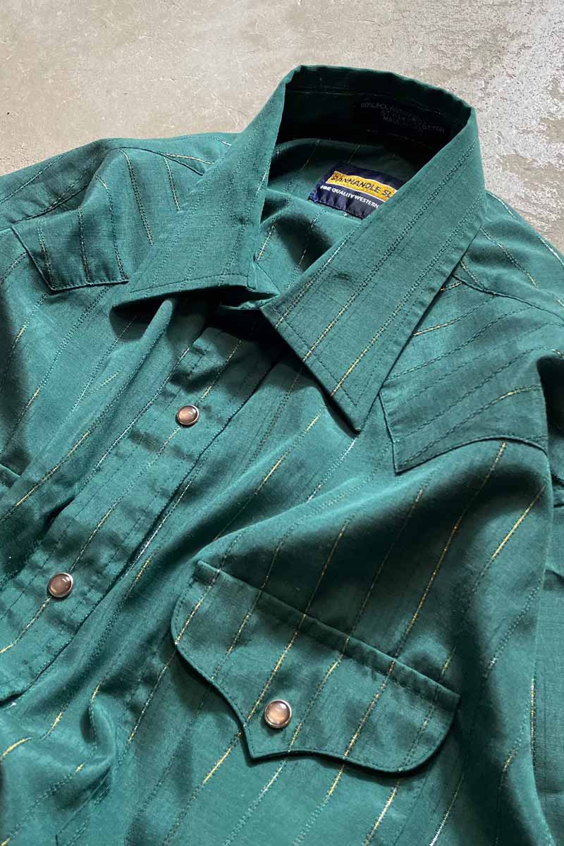 90'S S/S STRIPE WESTERN SHIRT / GREEN [SIZE:M equivalent USED]