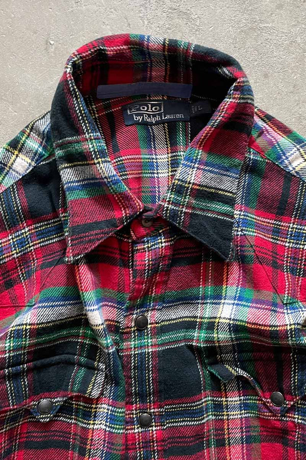 90'S L/S WESTERN CHECK SHIRT / RED/GREEN [SIZE:L USED]