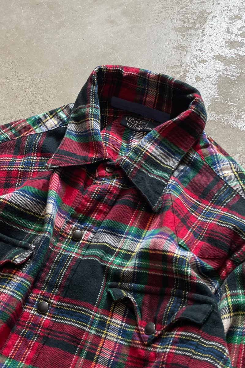 90'S L/S WESTERN CHECK SHIRT / RED/GREEN [SIZE:L USED]