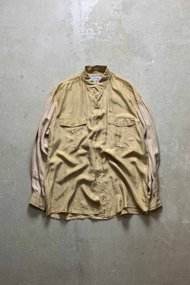 90'S L/S SWITCHING SLEEVE SILK SHIRT / BEIGE [SIZE: XL USED]