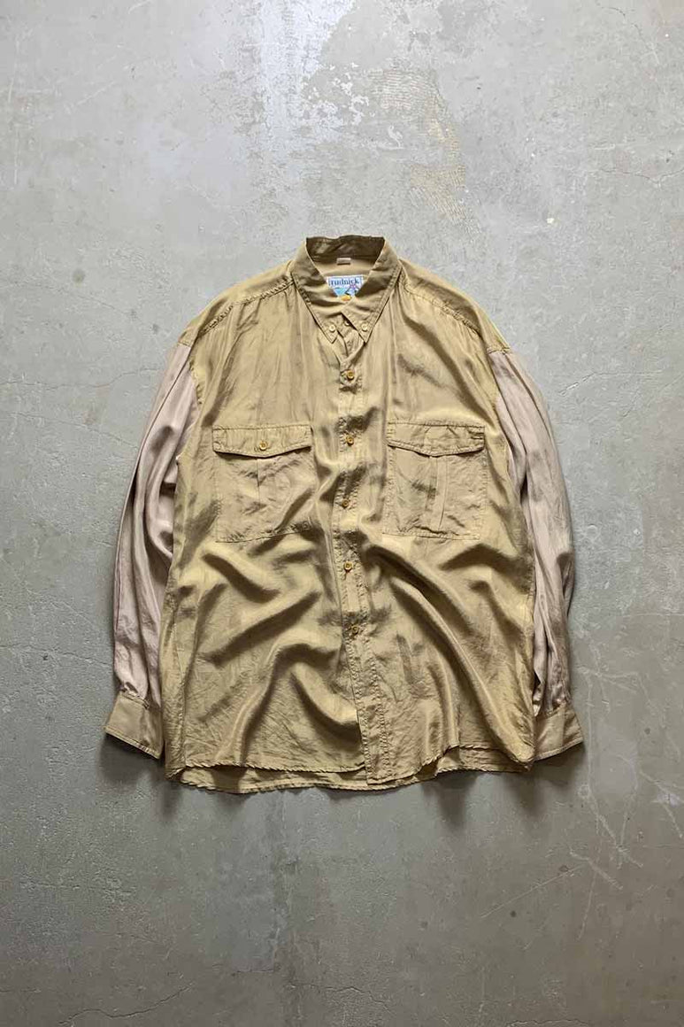 90'S L/S SWITCHING SLEEVE SILK SHIRT / BEIGE [SIZE: XL USED]