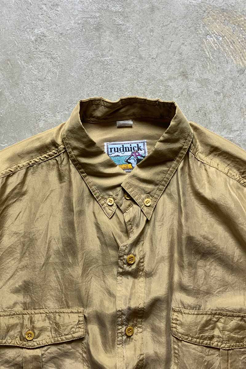 90'S L/S SWITCHING SLEEVE SILK SHIRT / BEIGE [SIZE: XL USED]
