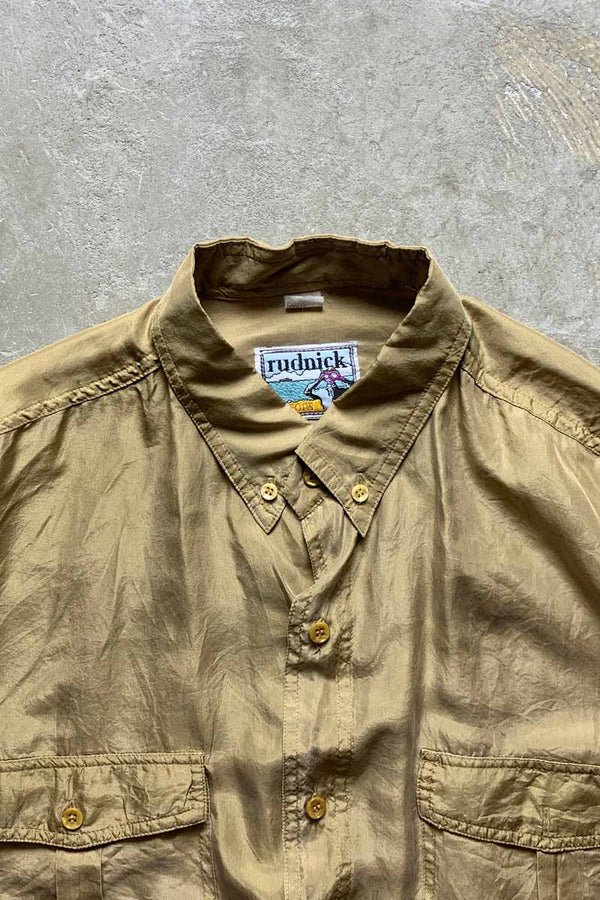 90'S L/S SWITCHING SLEEVE SILK SHIRT / BEIGE [SIZE: XL USED]